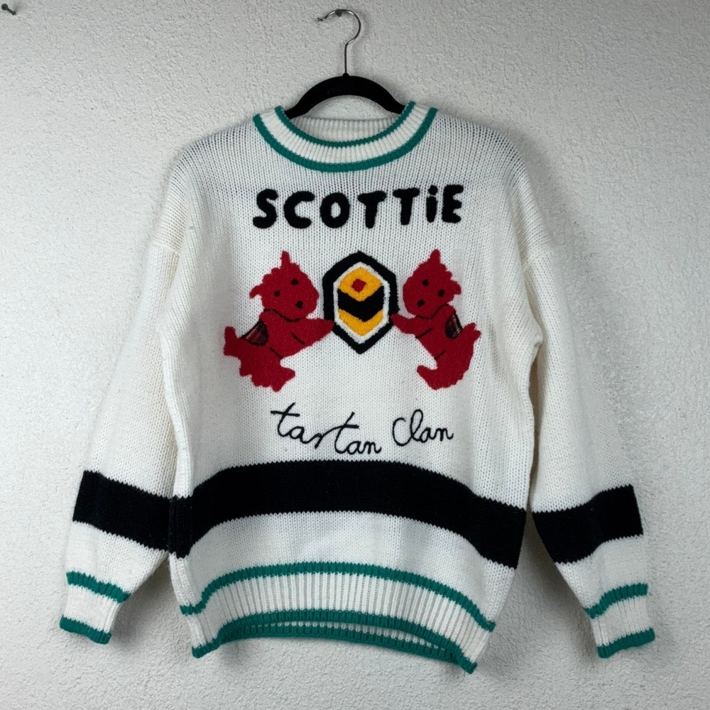 Unbranded White Sweater - M - Scottie Tartan Clan Graphic Retro Preppy Knit